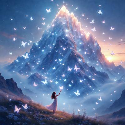 The primary subject of the image is a woman standing on a grassy hill, surrounded by a beautiful landscape. The setting includes a mountain in the background, and the sky is filled with a multitude of butterflies flying around. The visual style of the image is a digital art, creating a serene and peaceful atmosphere. The colors in the image are predominantly shades of green, blue, and white, which contribute to the overall mood of tranquility and harmony with nature.